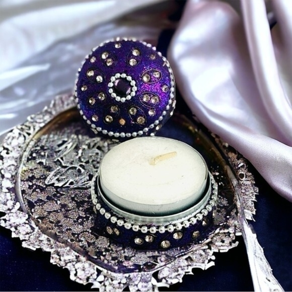 Handmade Rhinestone Beaded Travel Tea Light Candle Holder Tin Box 1.75 Violet